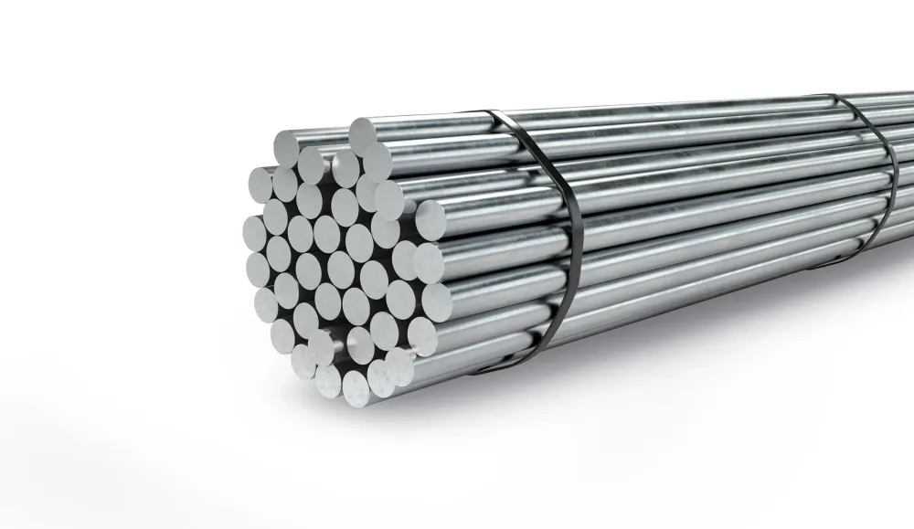 Bundle of bright round metal bars strapped together
